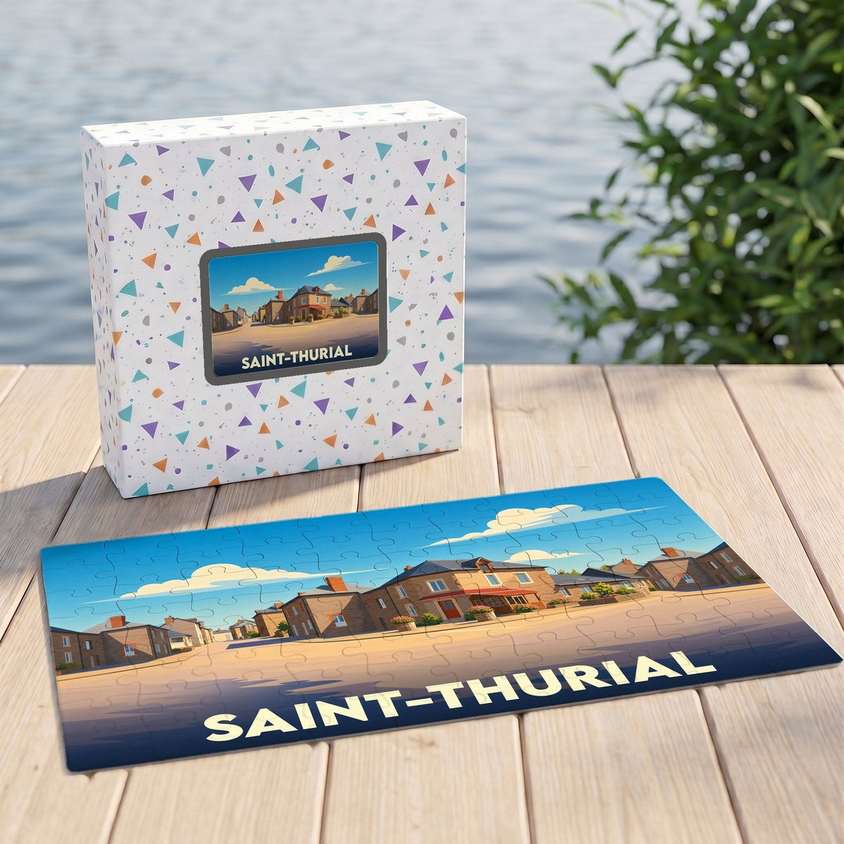Puzzle souvenir de la ville de Saint-Thurial avec une illustration stylisée d'un paysage urbain.