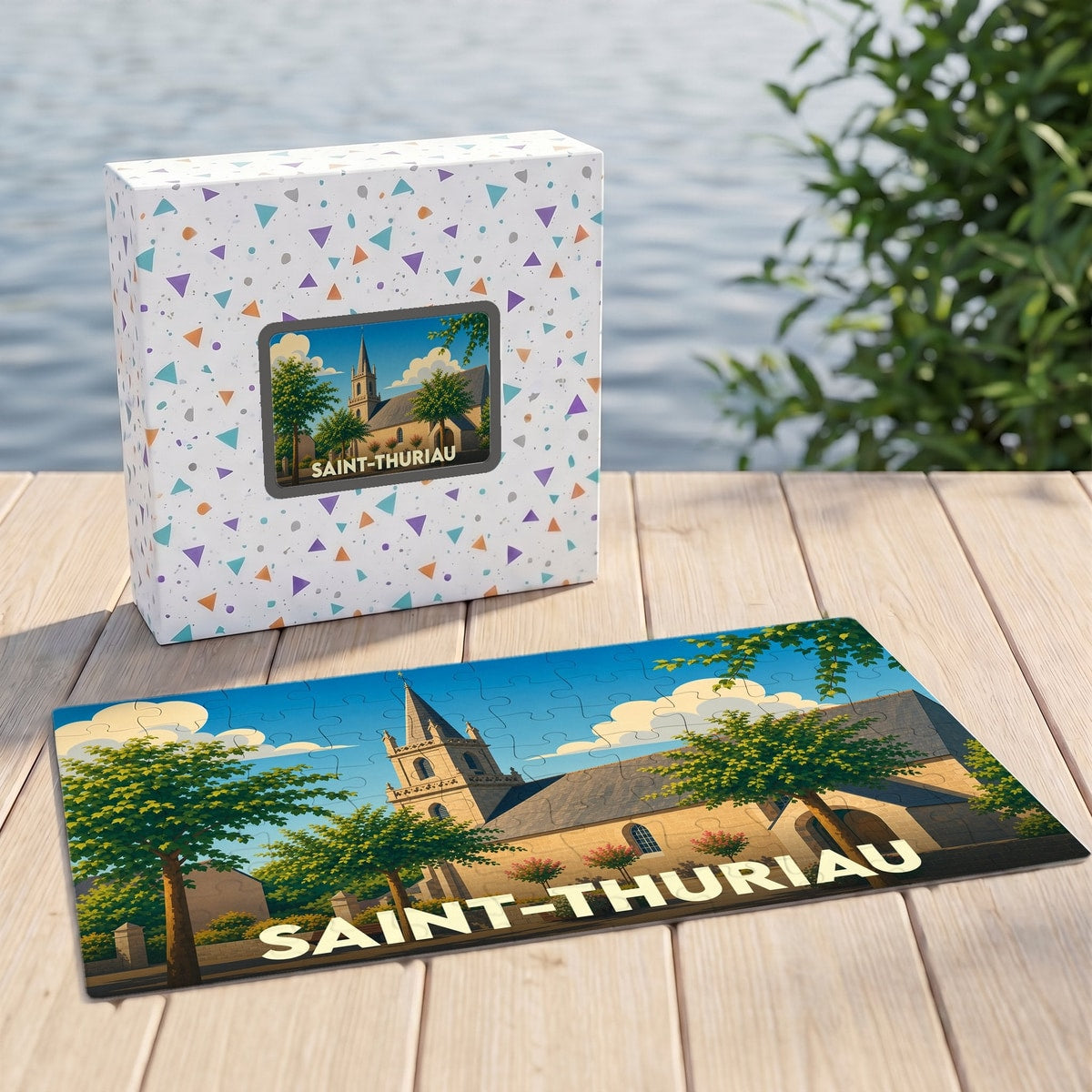 Puzzle souvenir de la ville de Saint-Thuriau avec une illustration stylisée de son église.