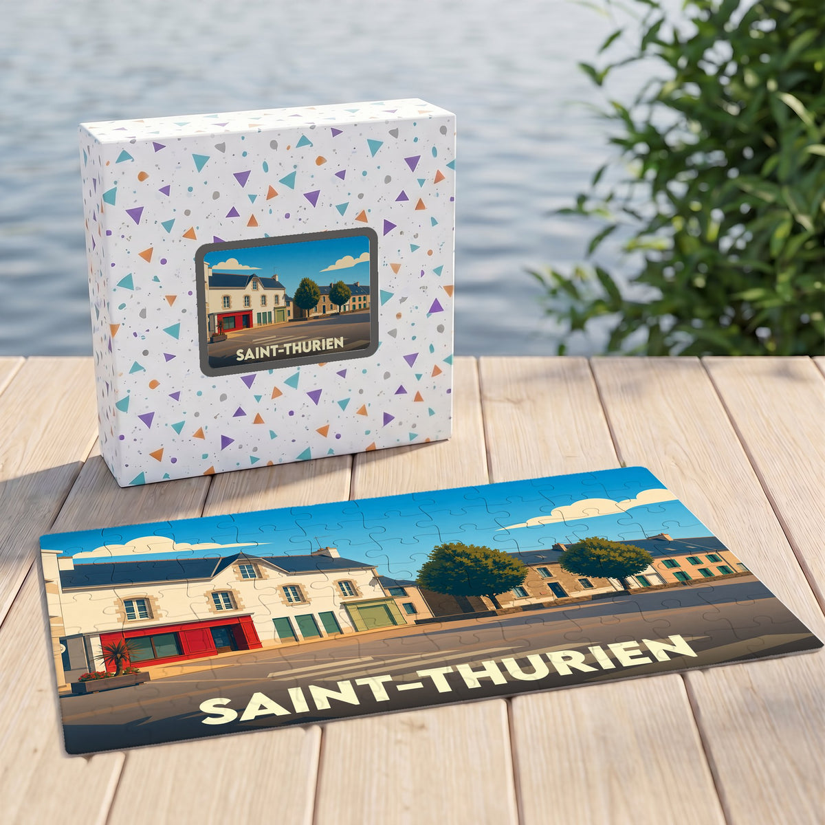 Puzzle souvenir de la ville de Saint-Thurien avec une illustration colorée et stylisée de ses façades.