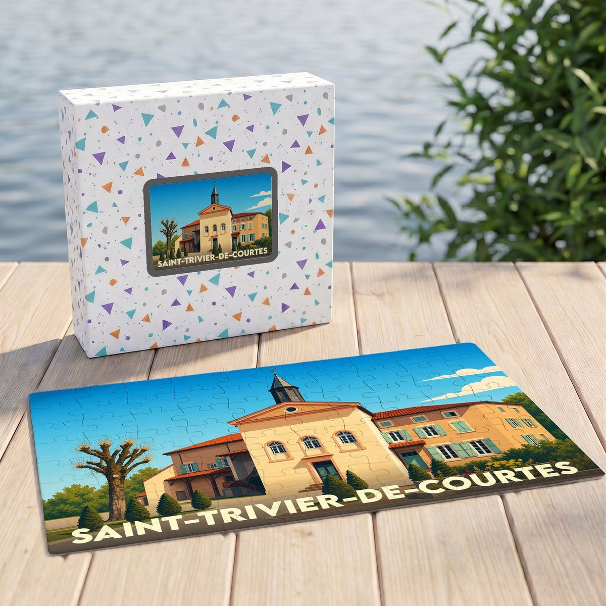 Puzzle souvenir de la ville de Saint-Trivier-de-Courtes avec une illustration stylisée.