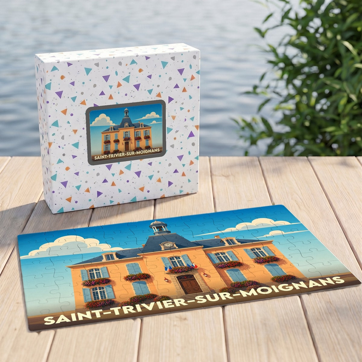 Puzzle souvenir de la ville de Saint-Trivier-sur-Moignans avec une illustration stylisée de sa mairie.