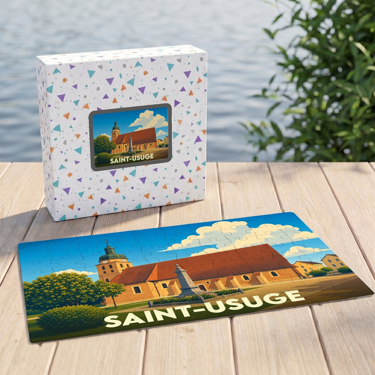 Puzzle souvenir de la ville de Saint-Usuge avec une illustration stylisée.