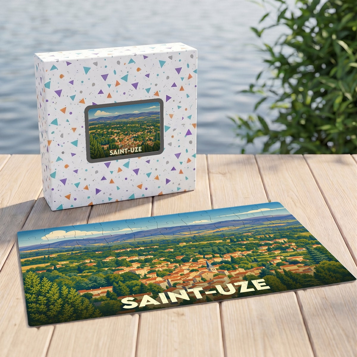Puzzle souvenir de la ville de Saint-Uze avec une illustration de paysage panoramique.