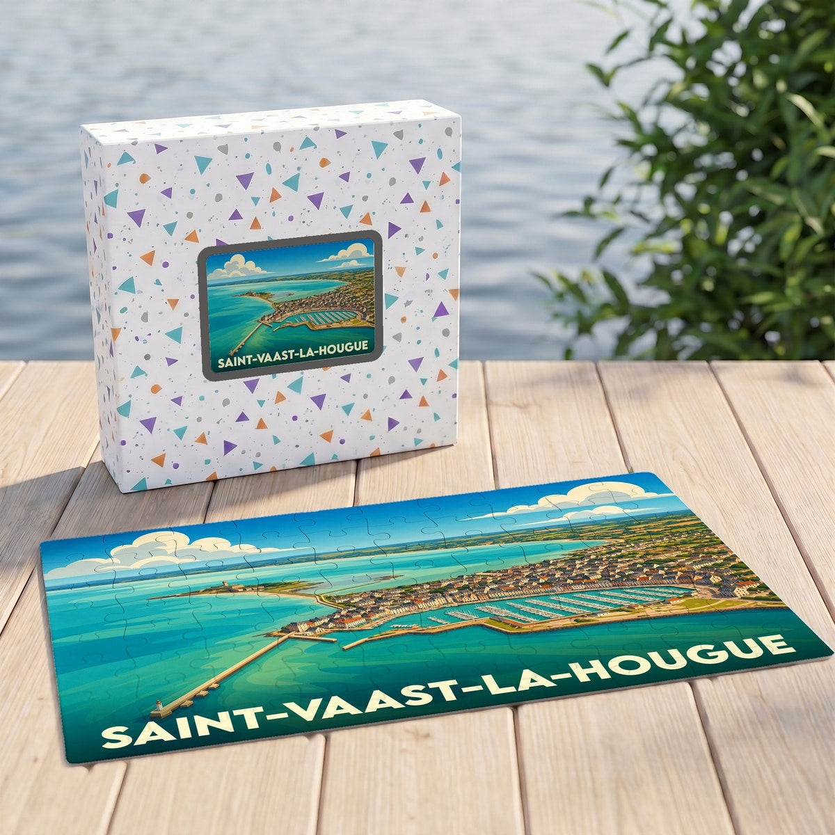 Puzzle souvenir de la ville de Saint-Vaast-la-Hougue avec son coffret, illustrés d'une vue aérienne stylisée du port.