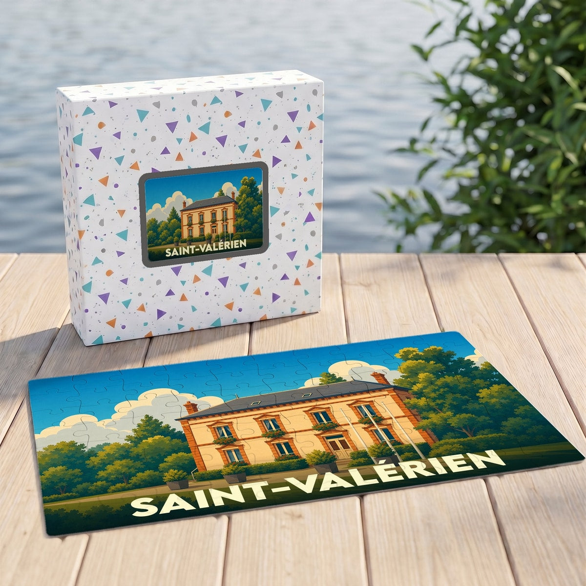 Puzzle souvenir de la ville de Saint-Valérien avec une illustration stylisée d'une bâtisse historique.