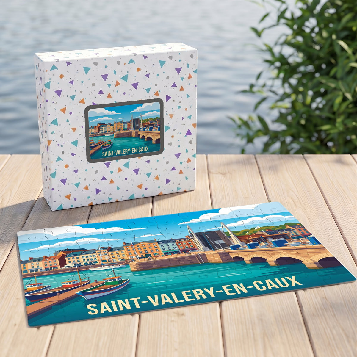 Puzzle souvenir de la ville de Saint-Valery-en-Caux avec une illustration stylisée de son port et de son pont.