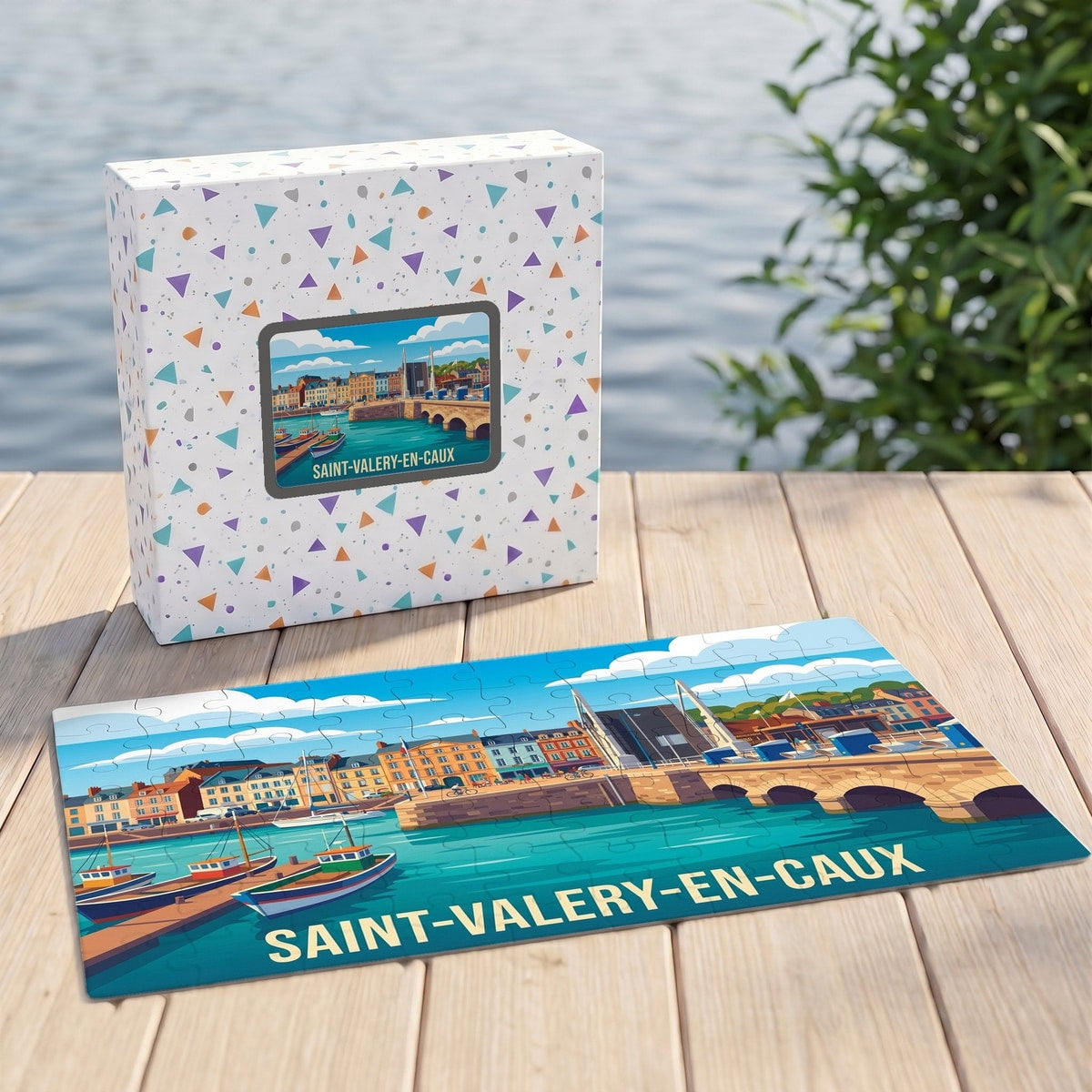 Puzzle souvenir de la ville de Saint-Valery-en-Caux avec une illustration stylisée de son port et de son pont.