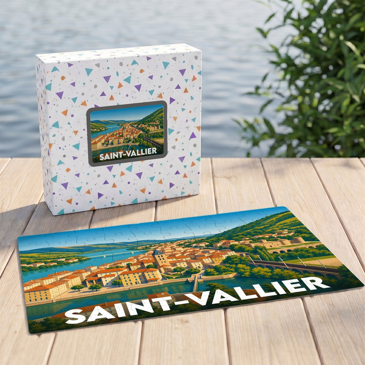 Puzzle souvenir de la ville de Saint-Vallier avec une illustration panoramique stylisée.