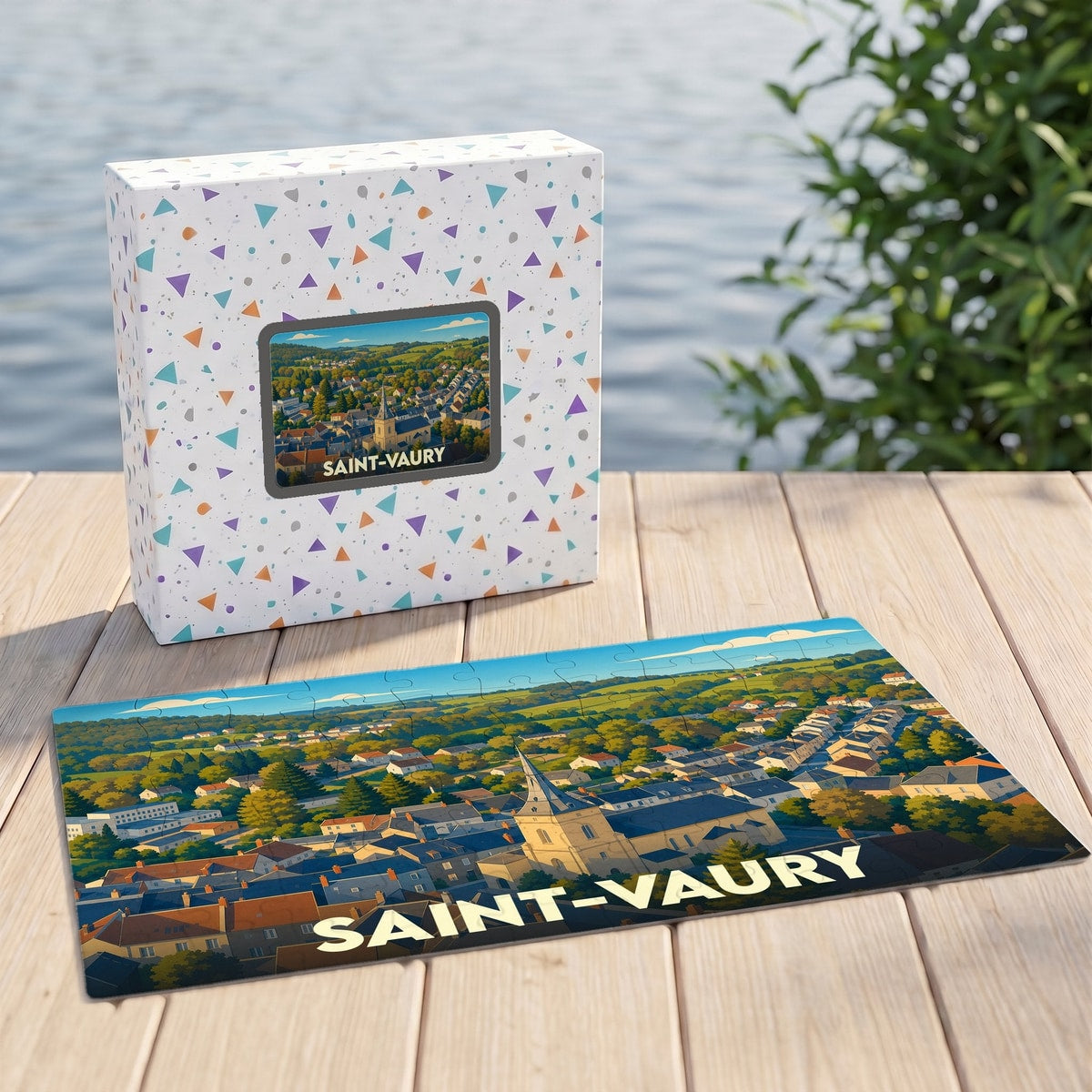 Puzzle souvenir de la ville de Saint-Vaury avec une illustration de paysage urbain.