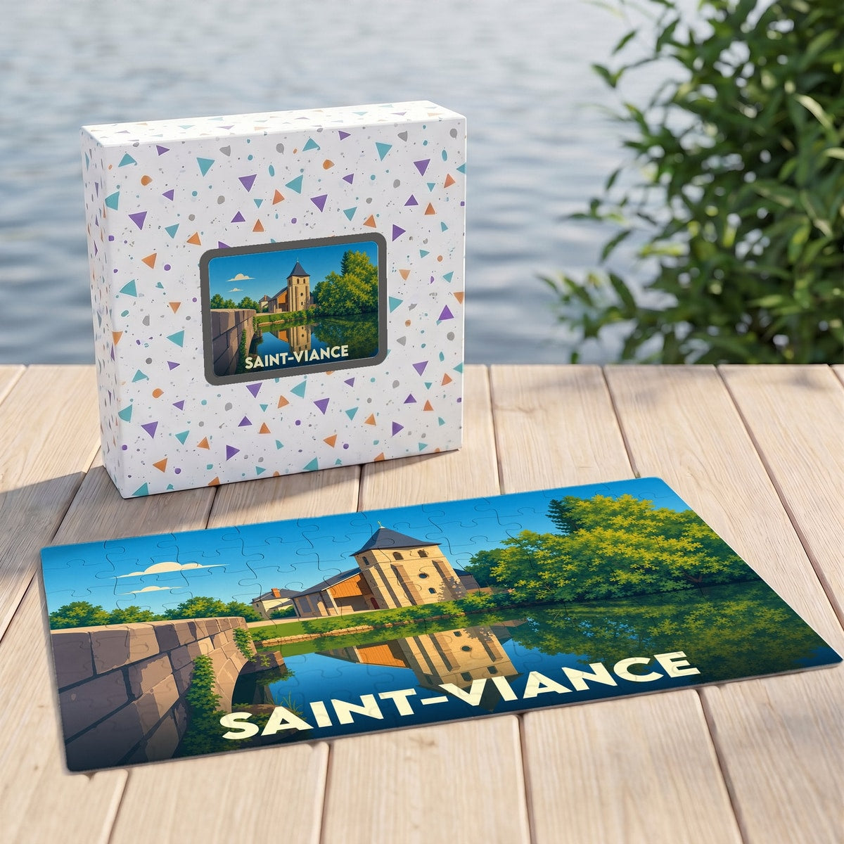 Puzzle souvenir de la ville de Saint-Viance avec une illustration stylisée.