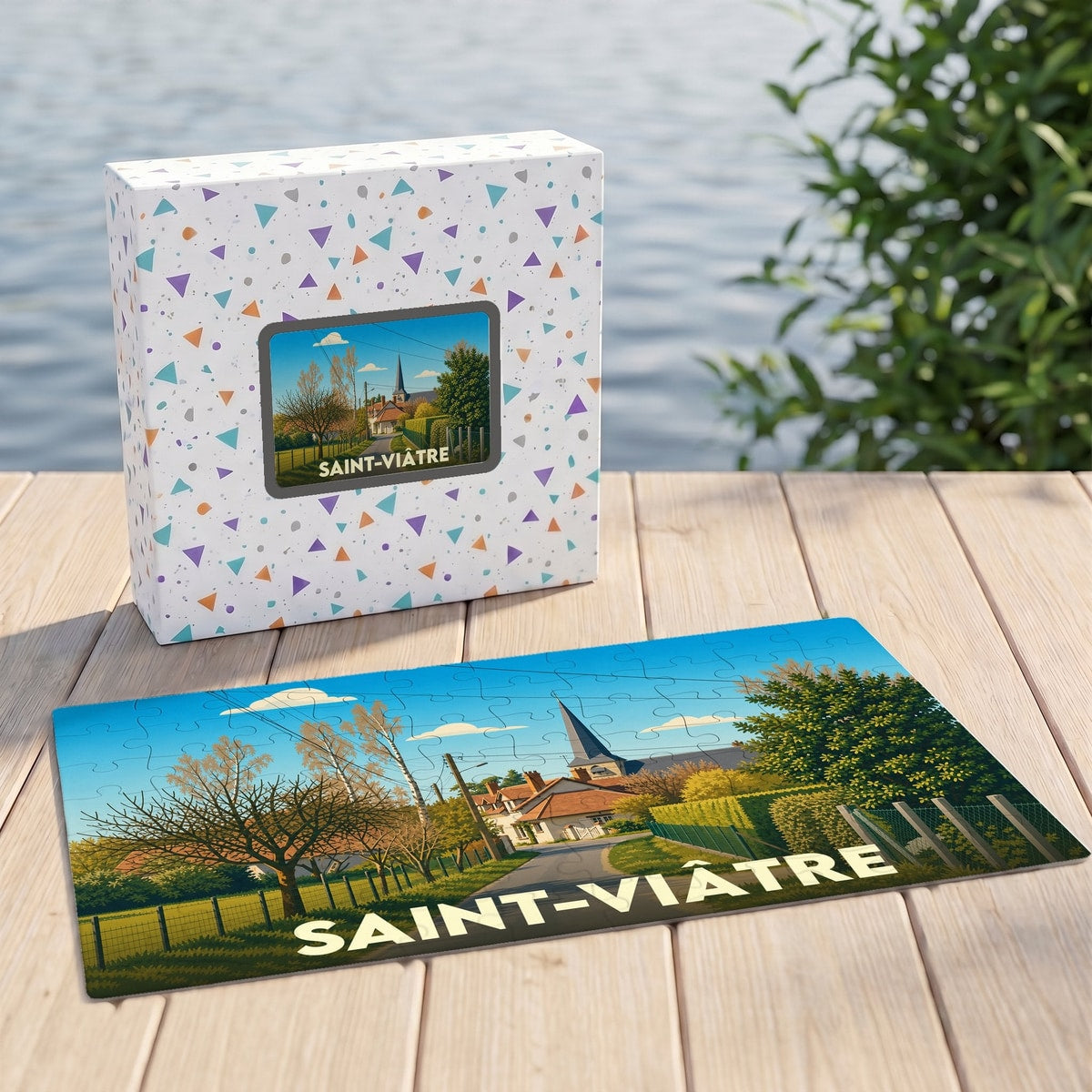 Puzzle souvenir de la ville de Saint-Viâtre avec une illustration paysagère stylisée.