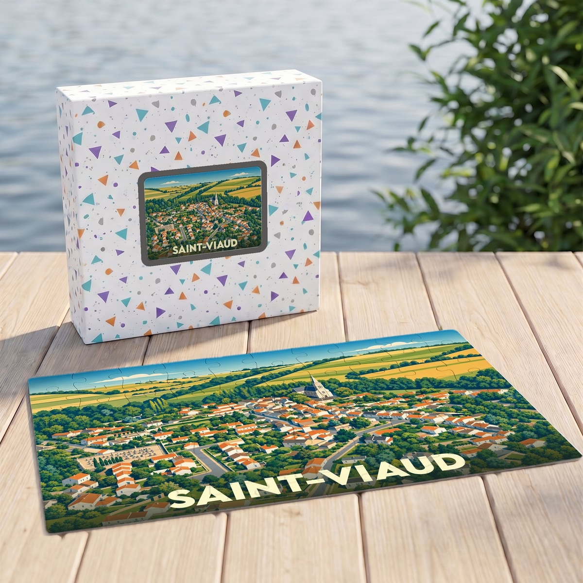 Puzzle souvenir de la ville de Saint-Viaud avec une illustration panoramique stylisée.
