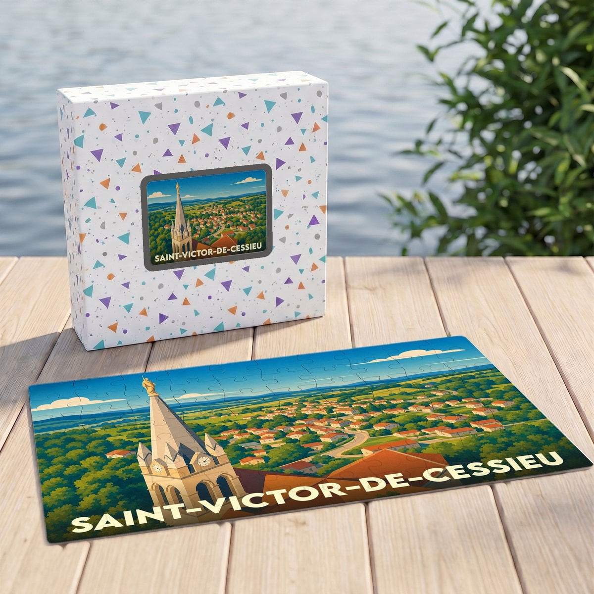 Puzzle souvenir de la ville de Saint-Victor-de-Cessieu avec une illustration panoramique stylisée.
