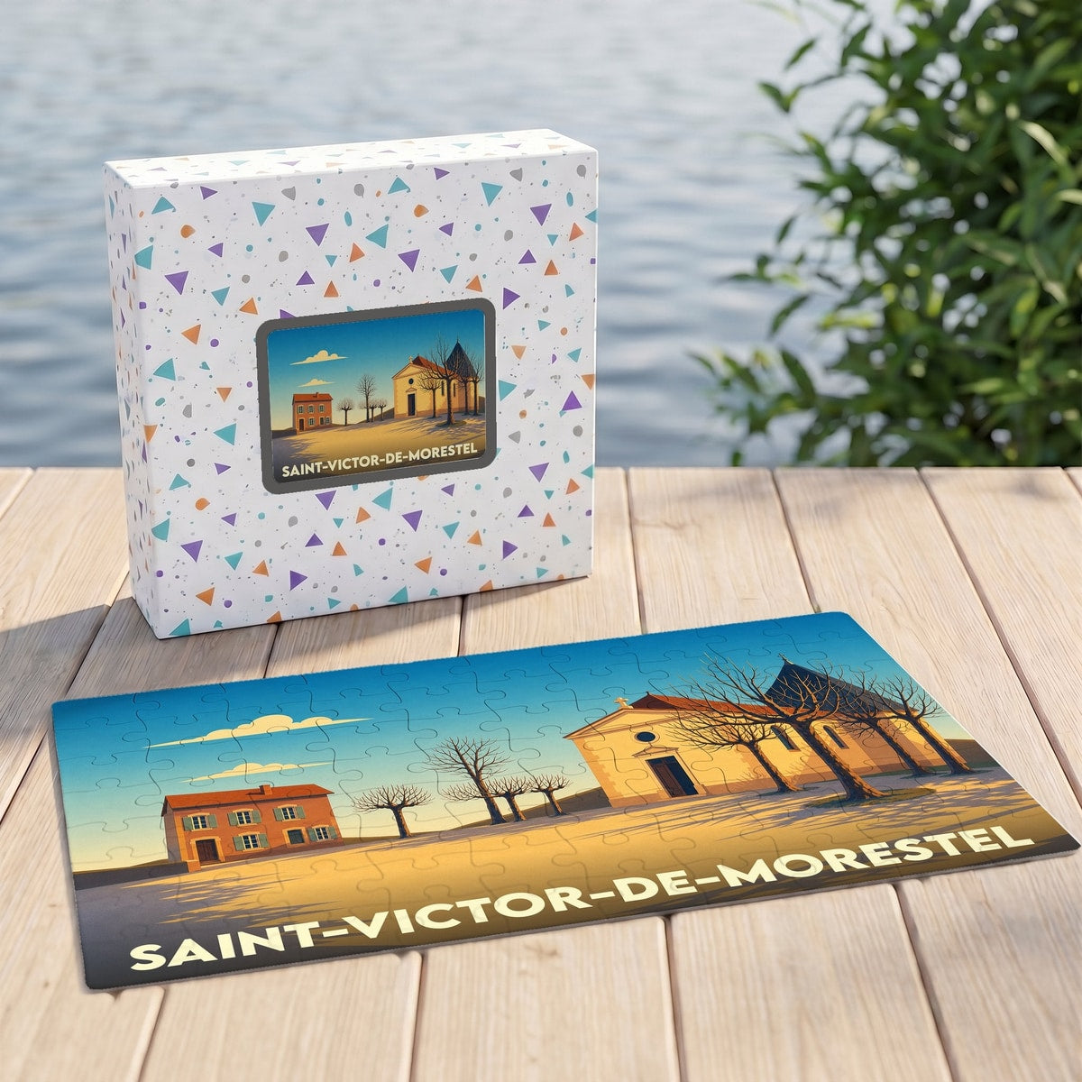 Puzzle souvenir de la ville de Saint-Victor-de-Morestel avec une illustration stylisée.