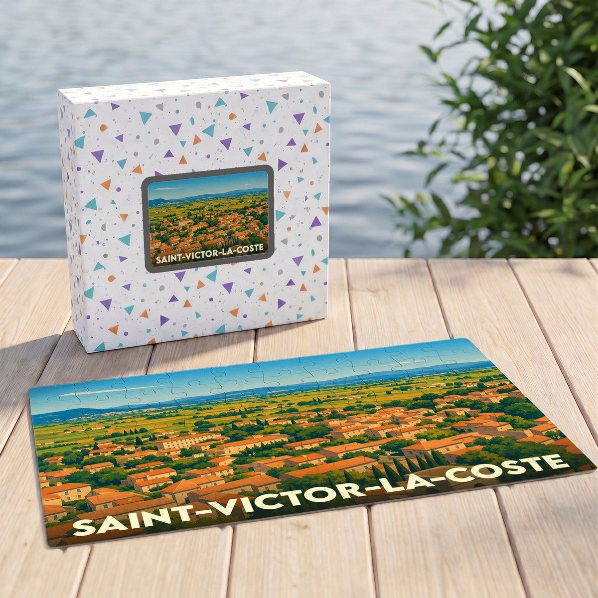 Puzzle souvenir de la ville de Saint-Victor-la-Coste avec une illustration panoramique stylisée.