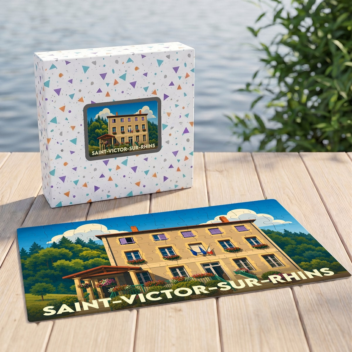 Puzzle souvenir de la ville de Saint-Victor-sur-Rhins avec une illustration stylisée d'un bâtiment communal.