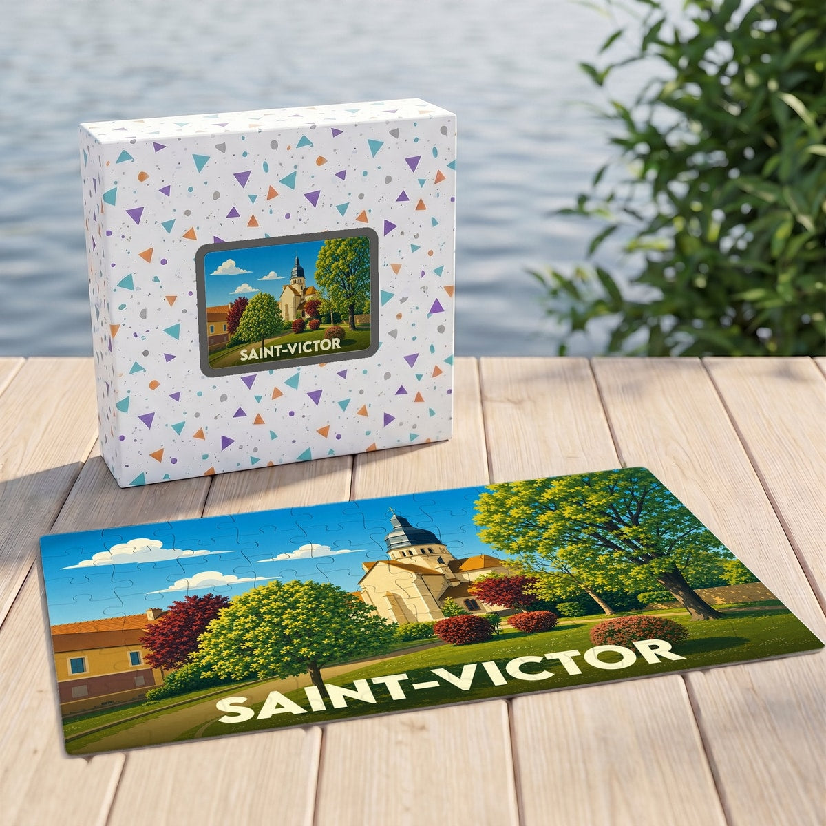 Puzzle souvenir de la ville de Saint-Victor avec une illustration stylisée d'un paysage urbain verdoyant.