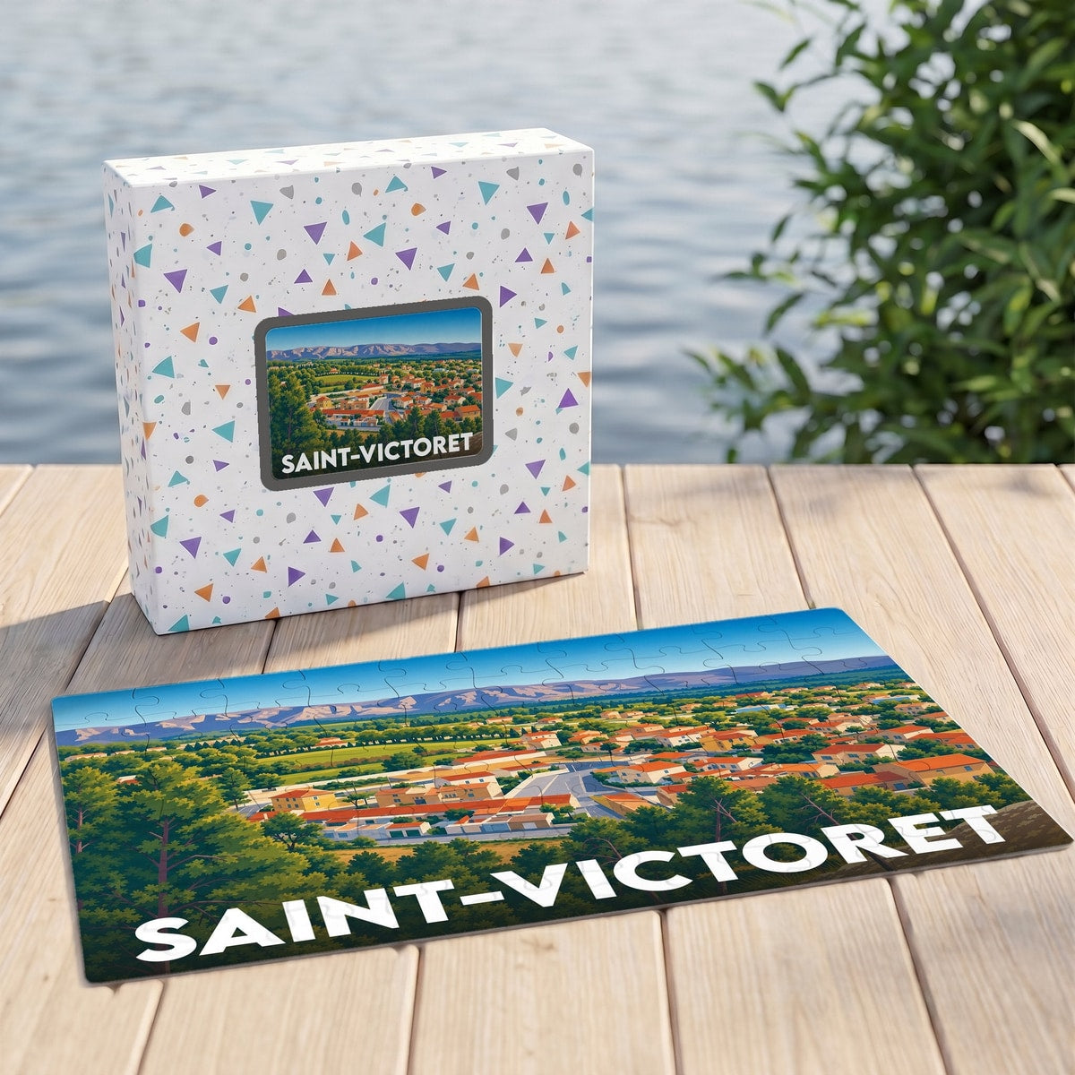 Puzzle souvenir de la ville de Saint-Victoret avec une illustration stylisée d'un paysage provençal.