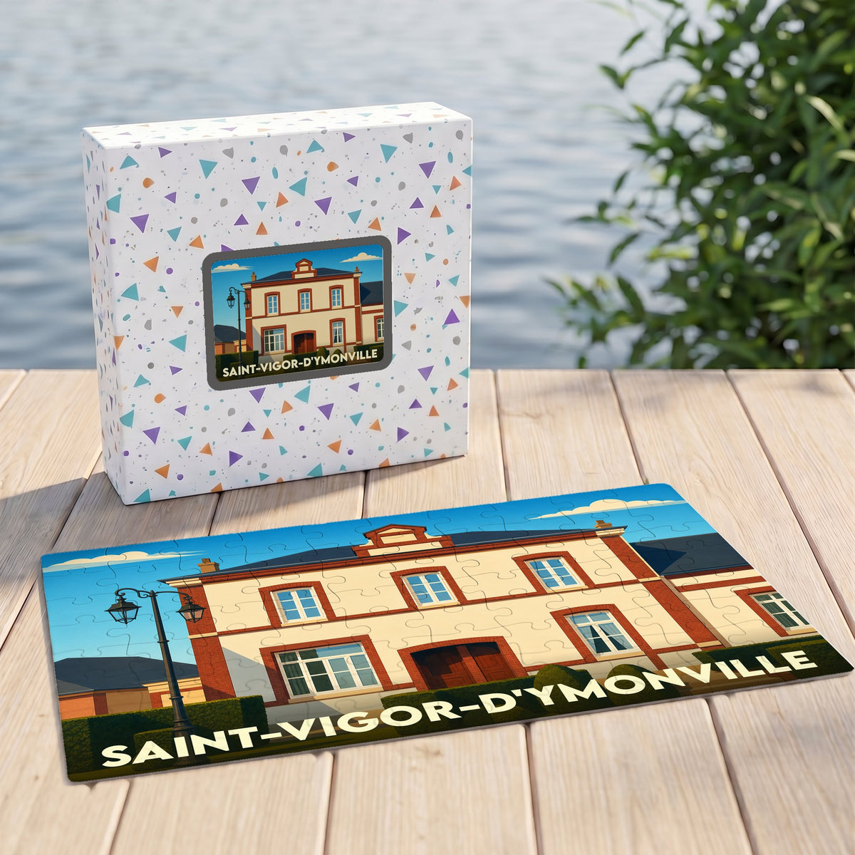 Puzzle souvenir de la ville de Saint-Vigor-d'Ymonville avec une illustration stylisée de sa mairie.