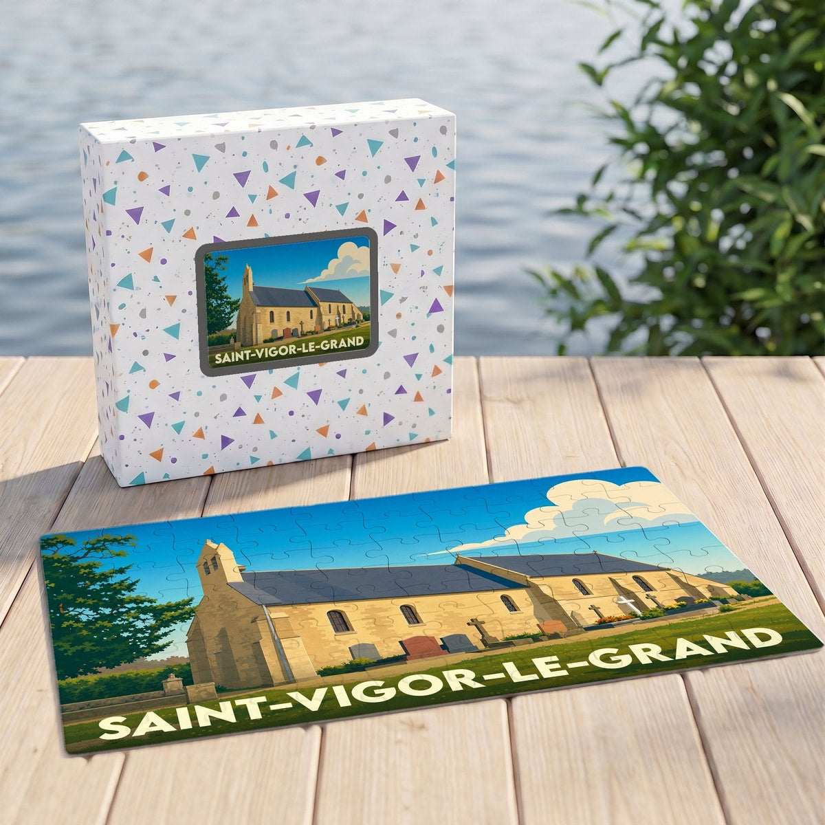 Puzzle souvenir de Saint-Vigor-le-Grand illustré par une vue stylisée de son église.
