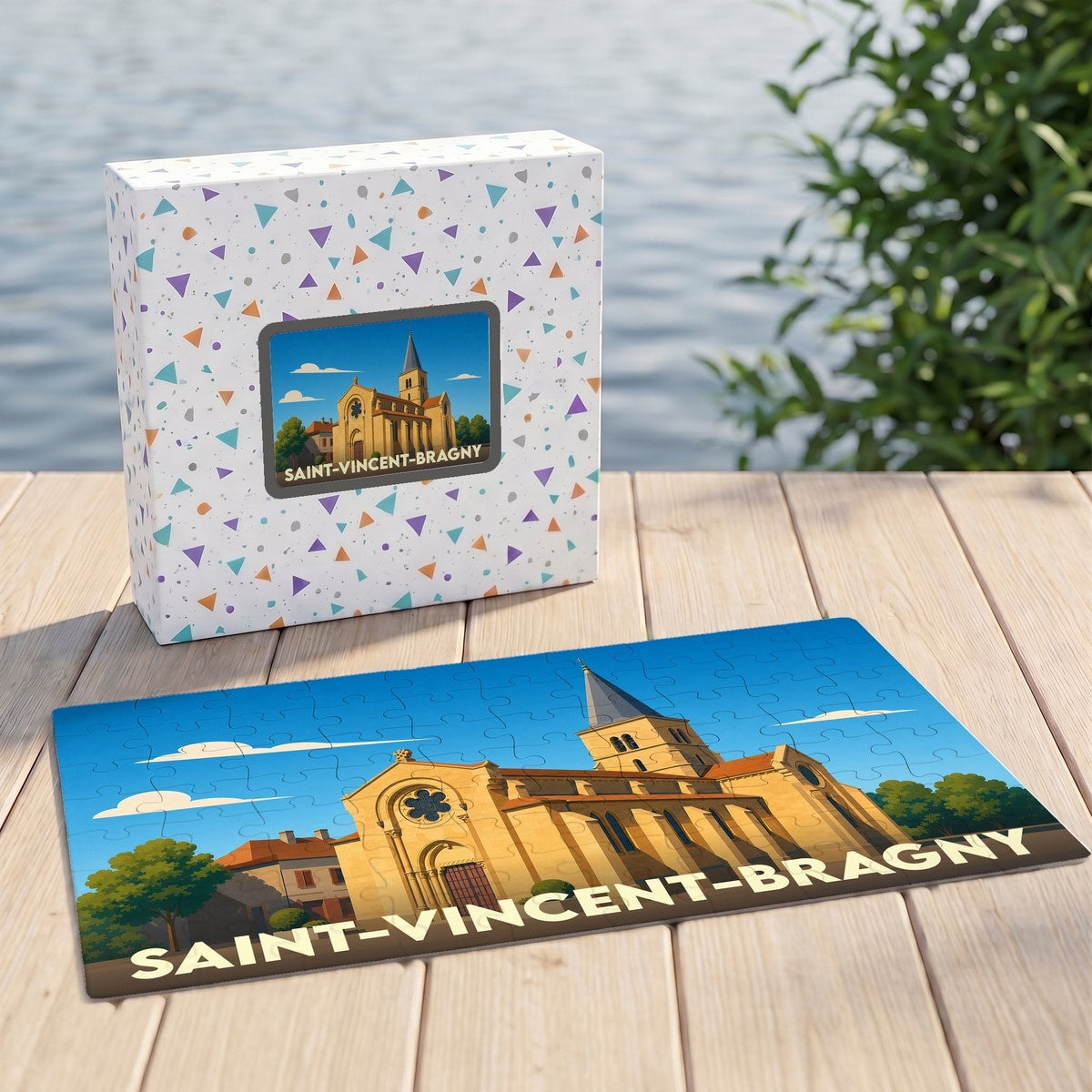 Puzzle souvenir de la ville de Saint-Vincent-Bragny avec une illustration stylisée de son église.