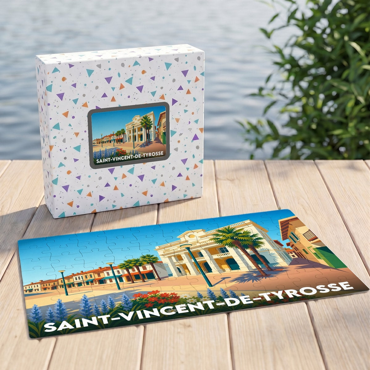 Puzzle souvenir de la ville de Saint-Vincent-de-Tyrosse avec une illustration stylisée d'une place ensoleillée.