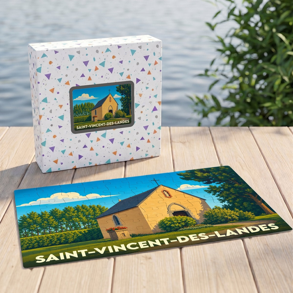 Puzzle souvenir de Saint-Vincent-des-Landes avec une illustration stylisée d'une petite chapelle sous un ciel bleu.