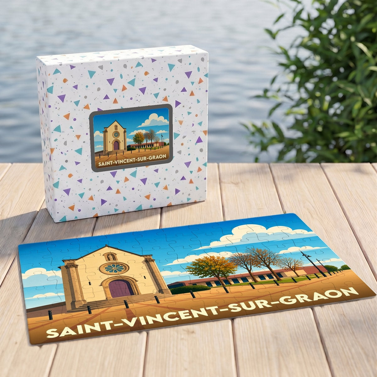 Puzzle souvenir de la ville de Saint-Vincent-sur-Graon avec une illustration stylisée de son église.
