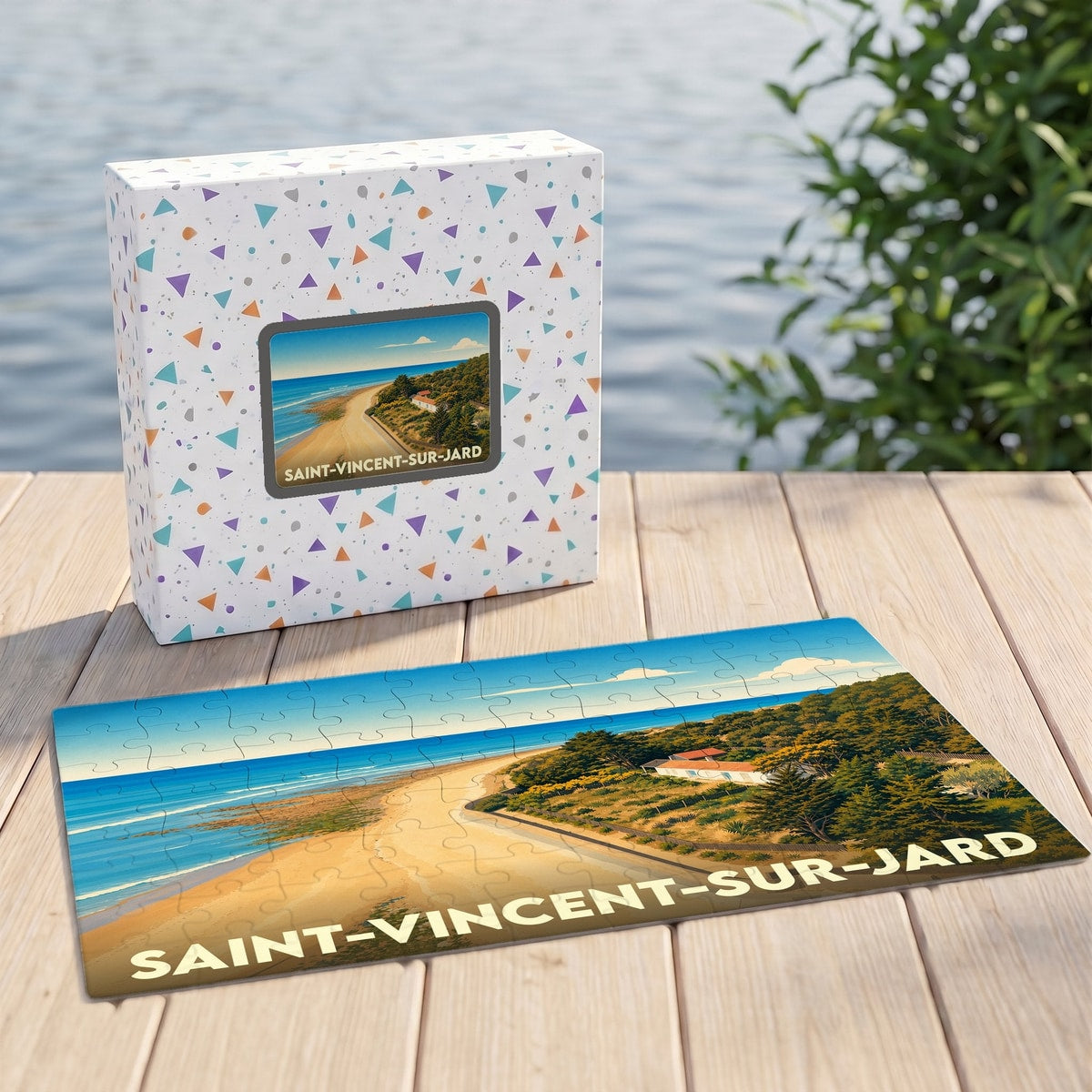Puzzle souvenir de la ville de Saint-Vincent-sur-Jard avec une illustration stylisée du littoral.