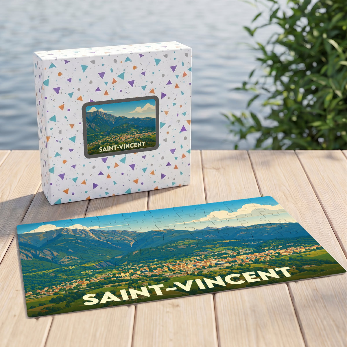 Puzzle souvenir de la ville de Saint-Vincent avec une illustration panoramique de ses montagnes et de ses habitations.