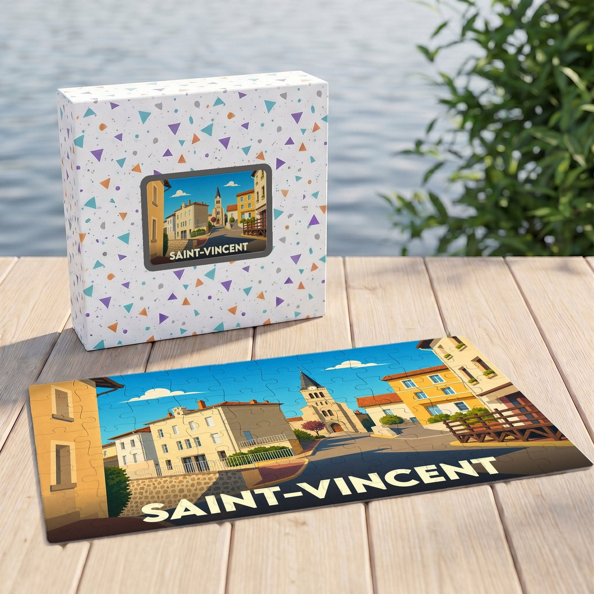 Puzzle souvenir de la ville de Saint-Vincent avec une illustration stylisée et colorée.