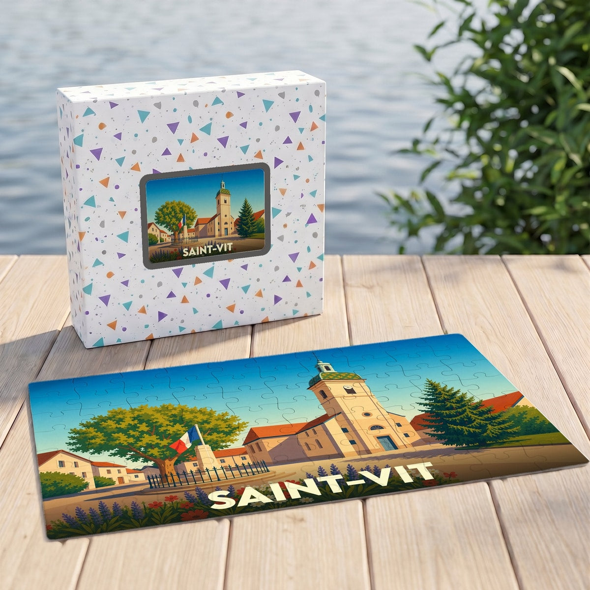 Puzzle souvenir de la ville de Saint-Vit avec une illustration colorée et stylisée.