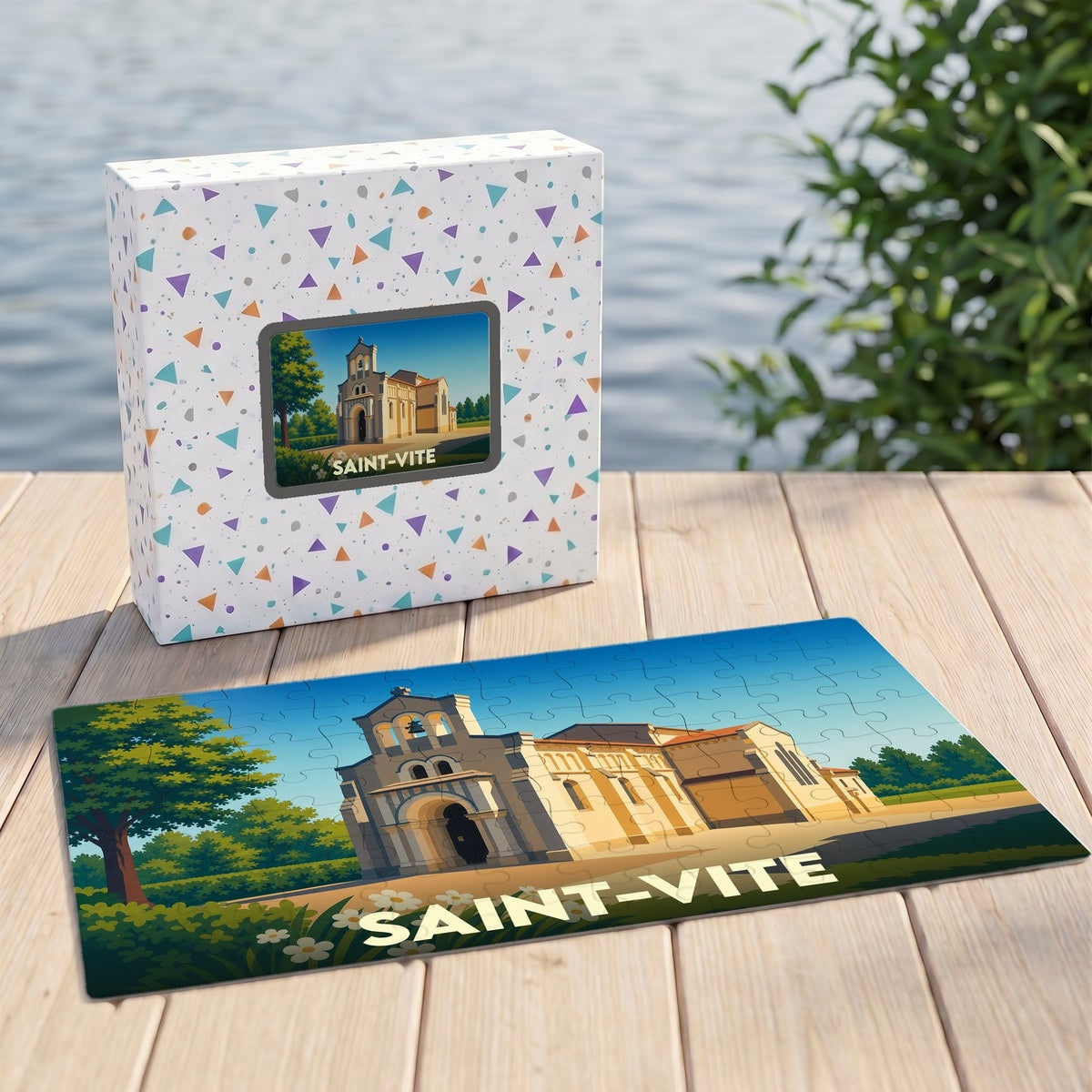 Puzzle souvenir de la ville de Saint-Vite avec une illustration stylisée d'une église.