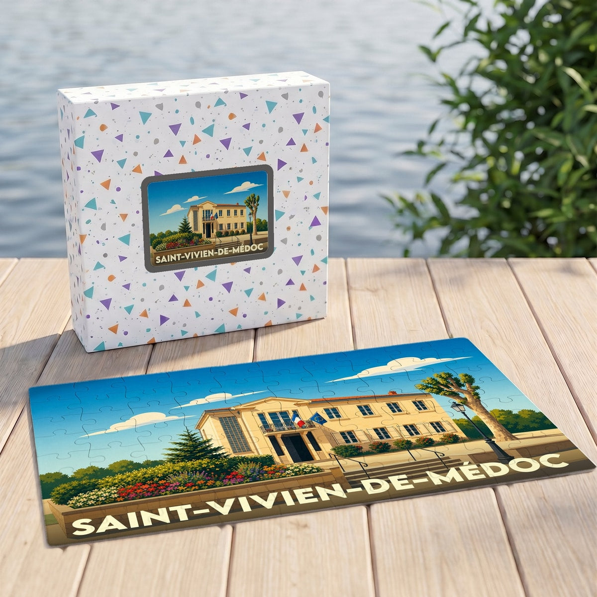 Puzzle souvenir de la ville de Saint-Vivien-de-Médoc illustrant sa mairie dans un style graphique épuré.