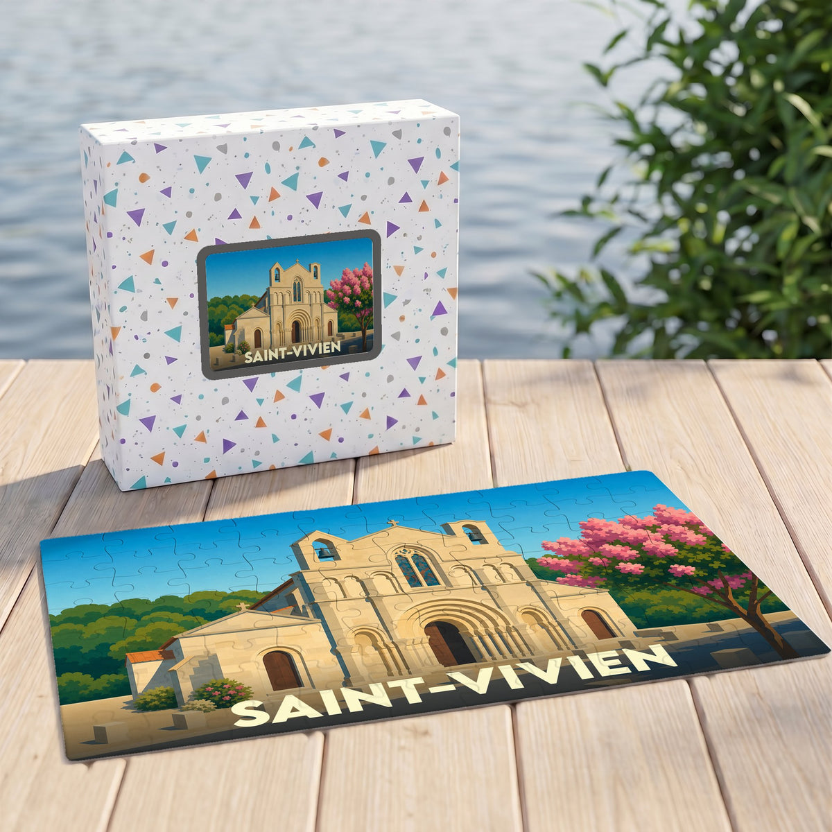 Puzzle souvenir de la ville de Saint-Vivien avec une illustration stylisée de son église et de sa boîte assortie.