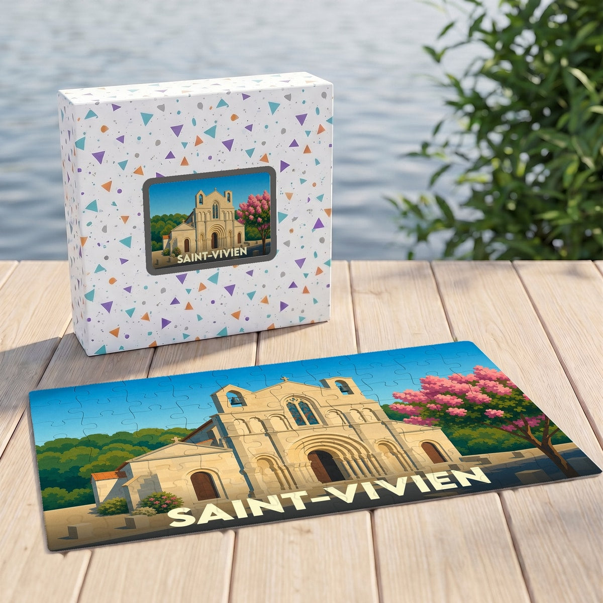 Puzzle souvenir de la ville de Saint-Vivien avec une illustration stylisée de son église et de sa boîte assortie.