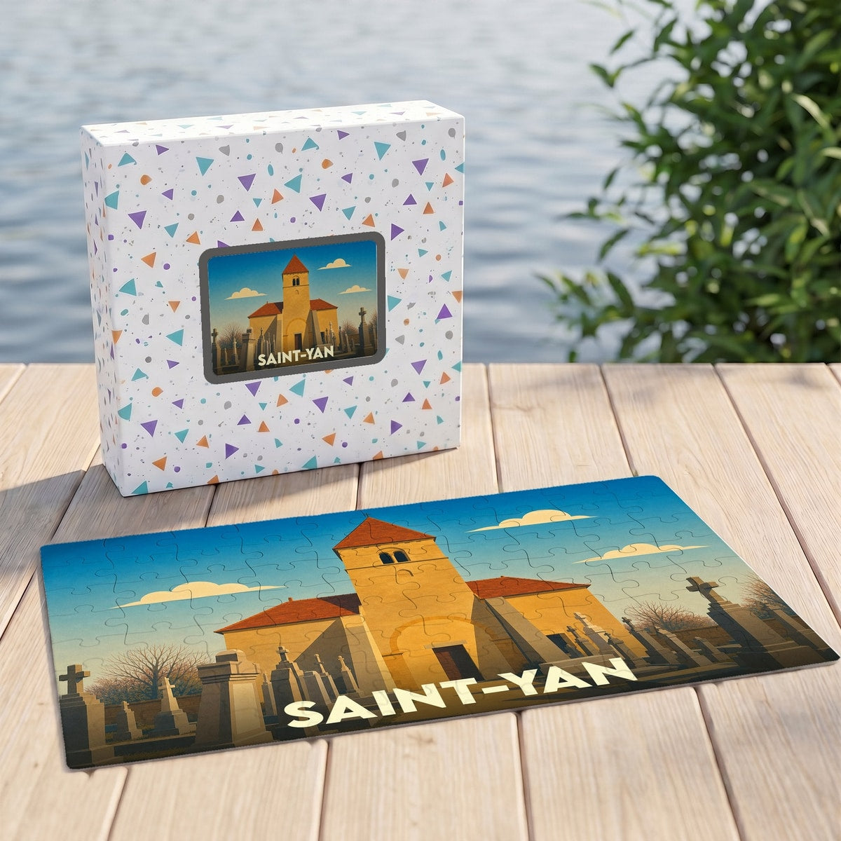 Puzzle souvenir de la ville de Saint-Yan avec une illustration stylisée d'un monument local.