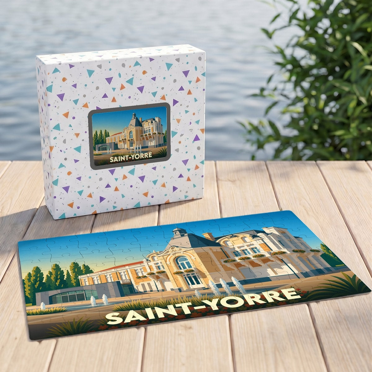 Puzzle souvenir de la ville de Saint-Yorre avec une illustration stylisée d'un bâtiment historique.