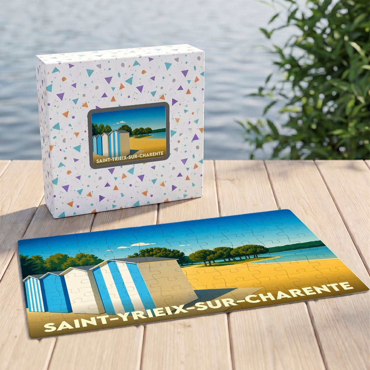 Puzzle souvenir de la ville de Saint-Yrieix-sur-Charente avec une illustration stylisée de cabines de plage.