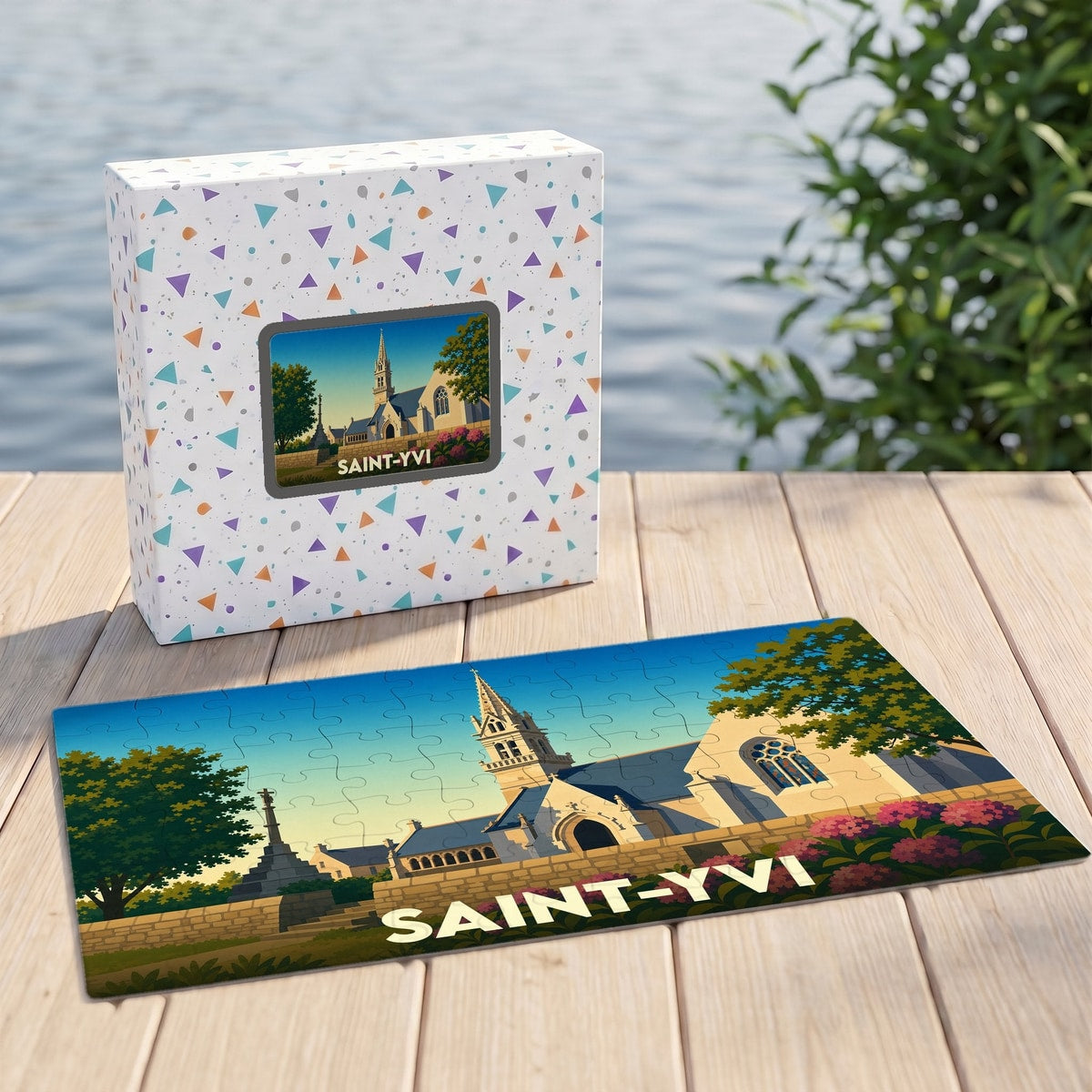 Puzzle souvenir de la ville de Saint-Yvi avec une illustration stylisée.