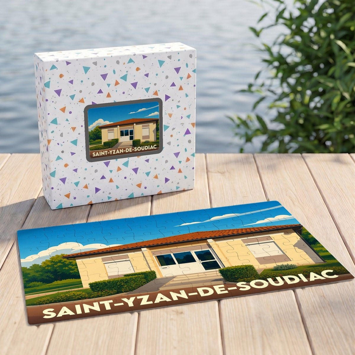 Puzzle souvenir de la ville de Saint-Yzan-de-Soudiac avec une illustration stylisée.