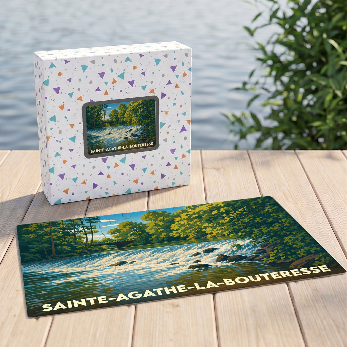 Puzzle souvenir de la ville de Sainte-Agathe-la-Bouteresse avec une illustration stylisée d'un cours d'eau en forêt.