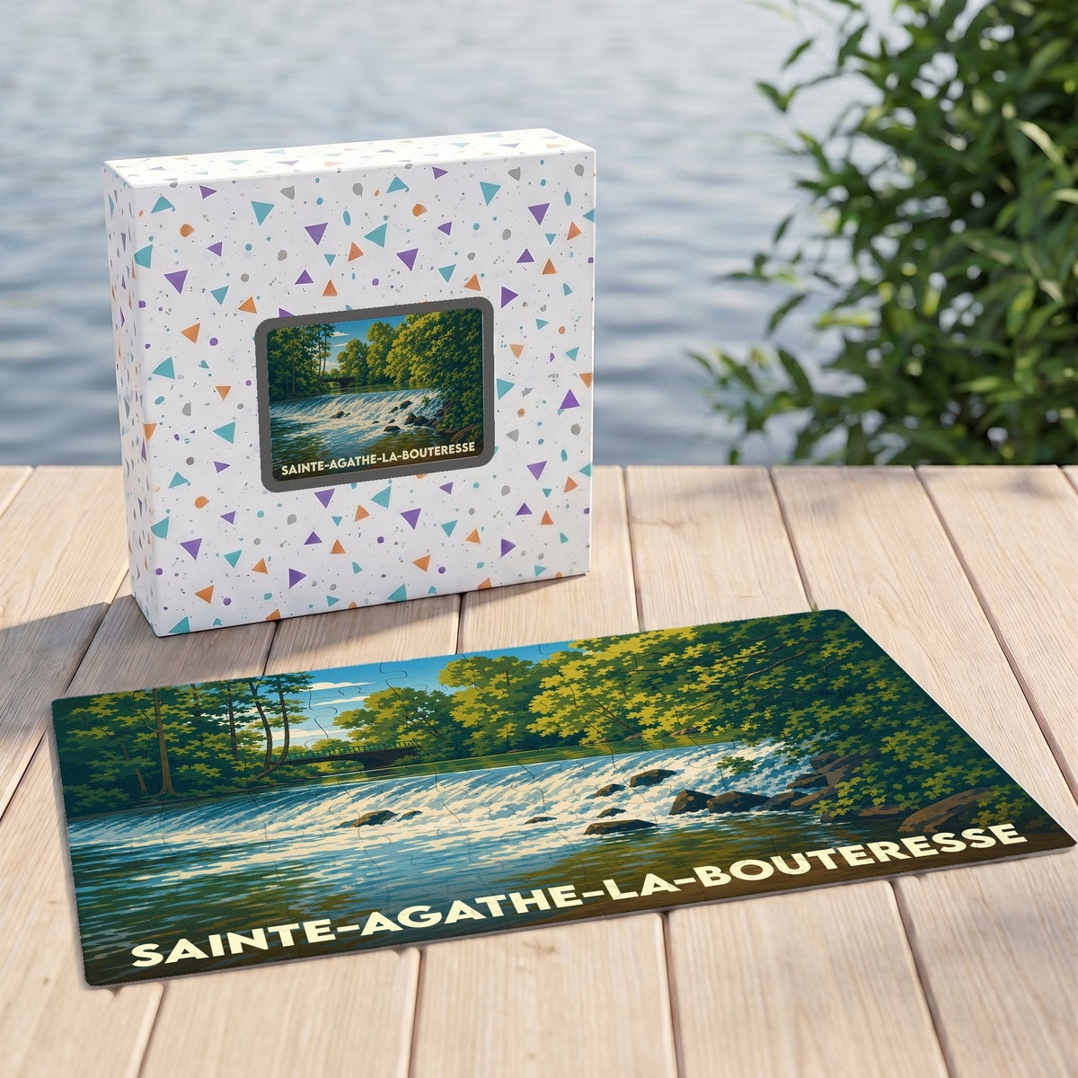 Puzzle souvenir de la ville de Sainte-Agathe-la-Bouteresse avec une illustration stylisée d'un cours d'eau en forêt.