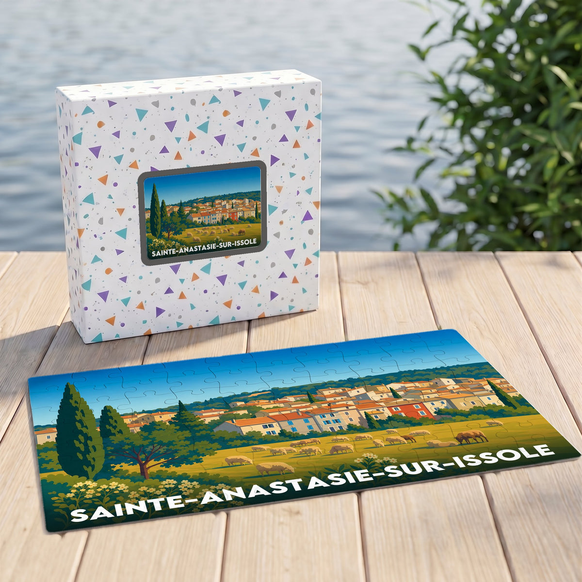 Puzzle souvenir de la ville de Sainte-Anastasie-sur-Issole avec une illustration colorée et son emballage assorti.