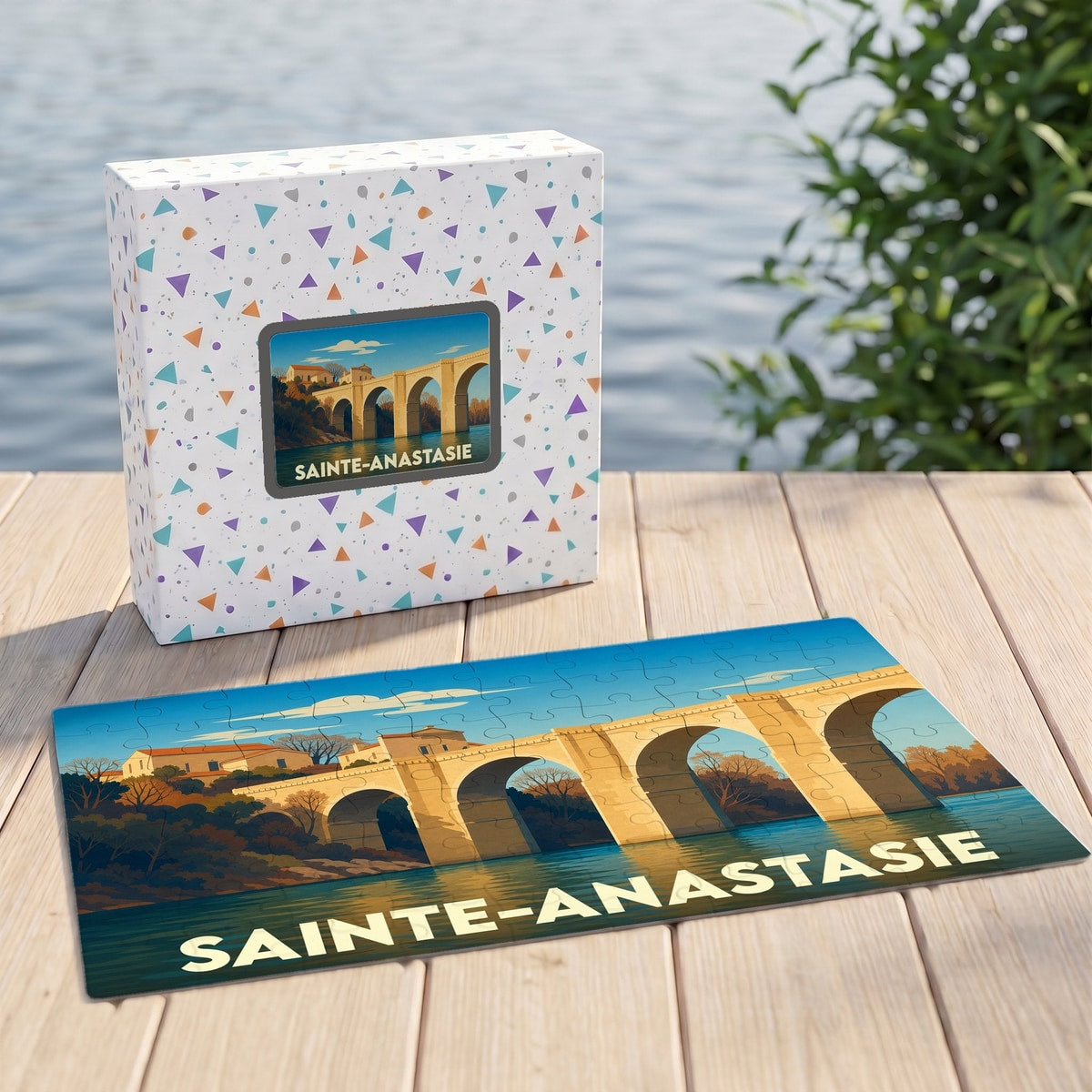 Puzzle souvenir de la ville de Sainte-Anastasie avec une illustration stylisée d'un pont en pierre.