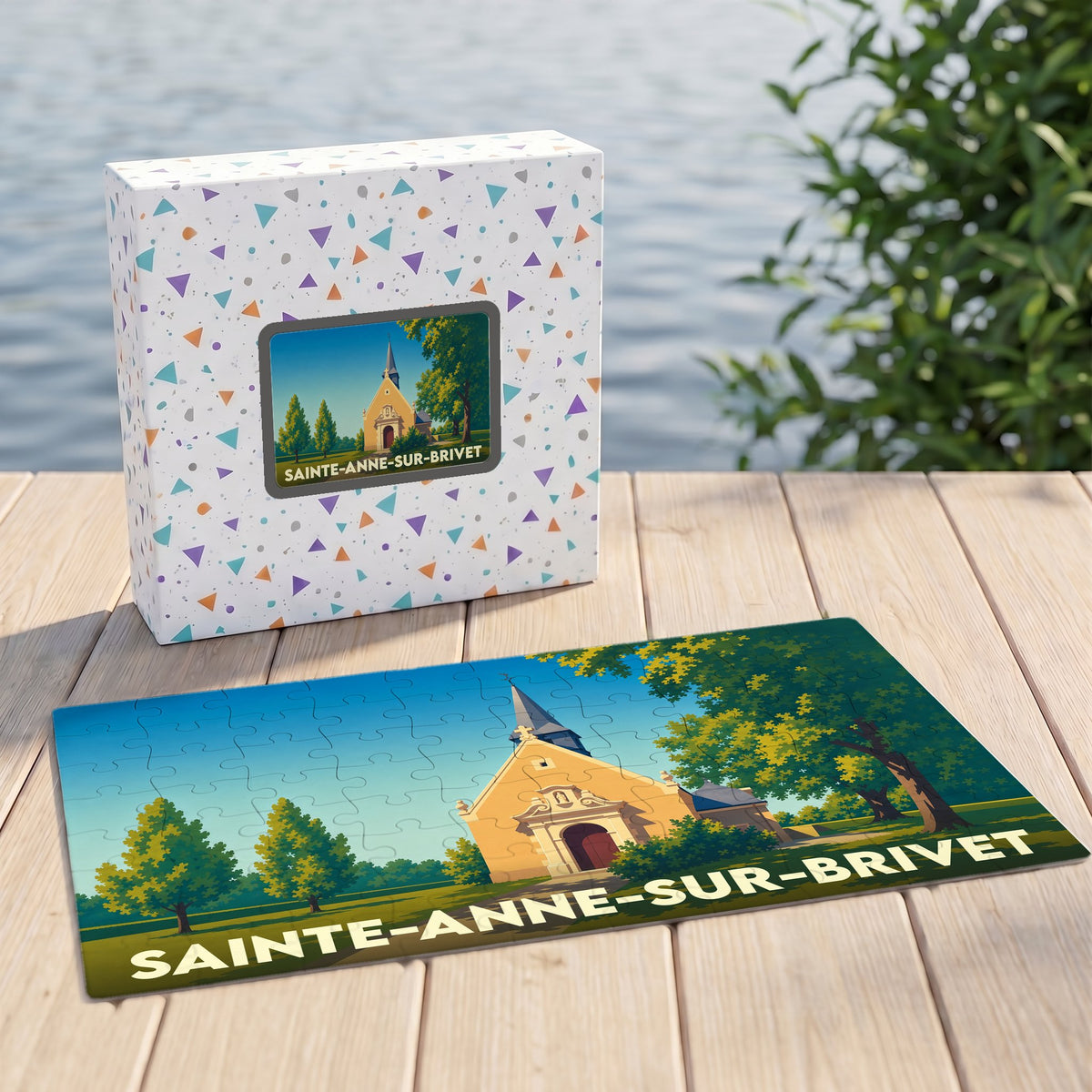 Puzzle souvenir de la ville de Sainte-Anne-sur-Brivet avec une illustration stylisée d'une église.