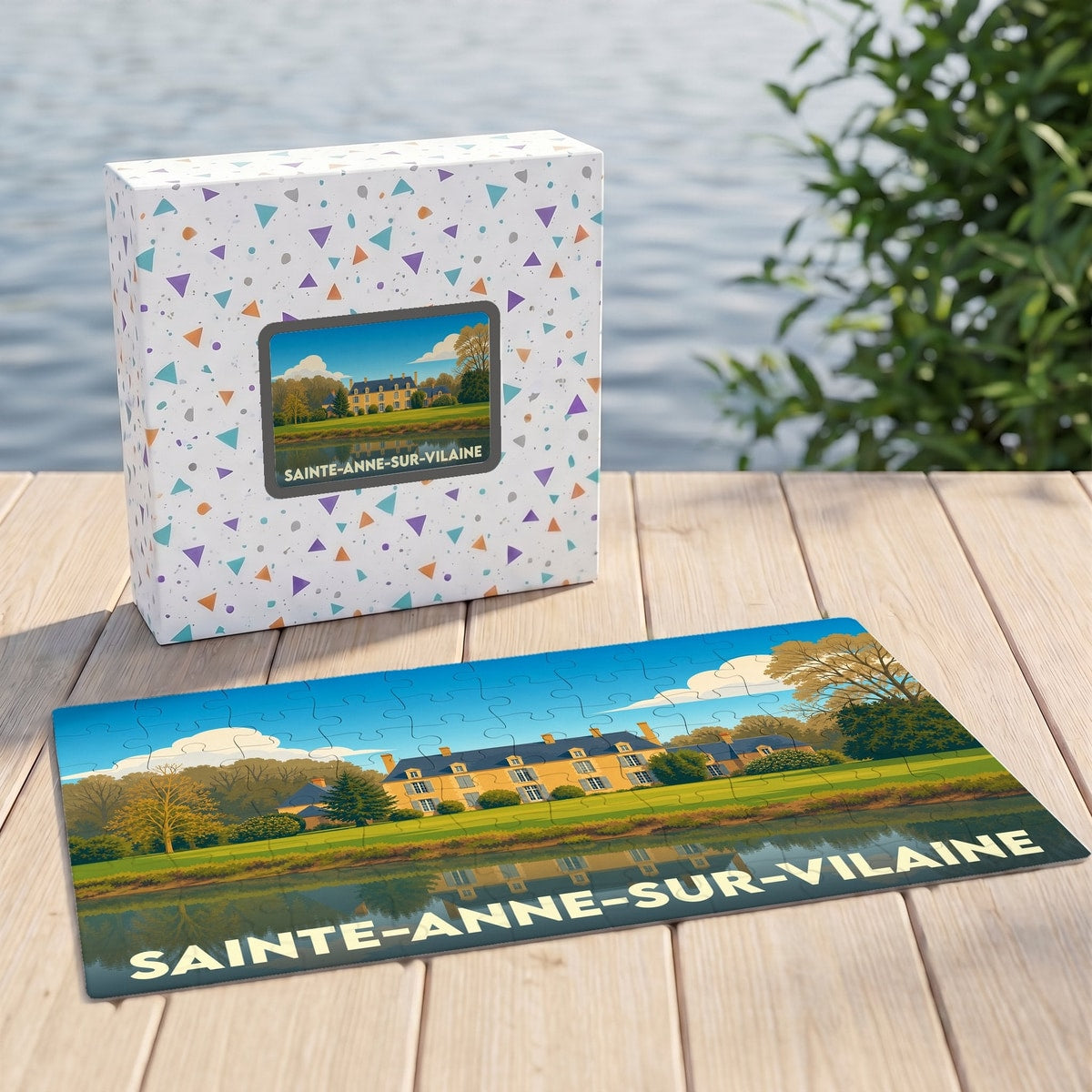 Puzzle souvenir de la ville de Sainte-Anne-sur-Vilaine avec une illustration stylisée d'un manoir au bord de l'eau.