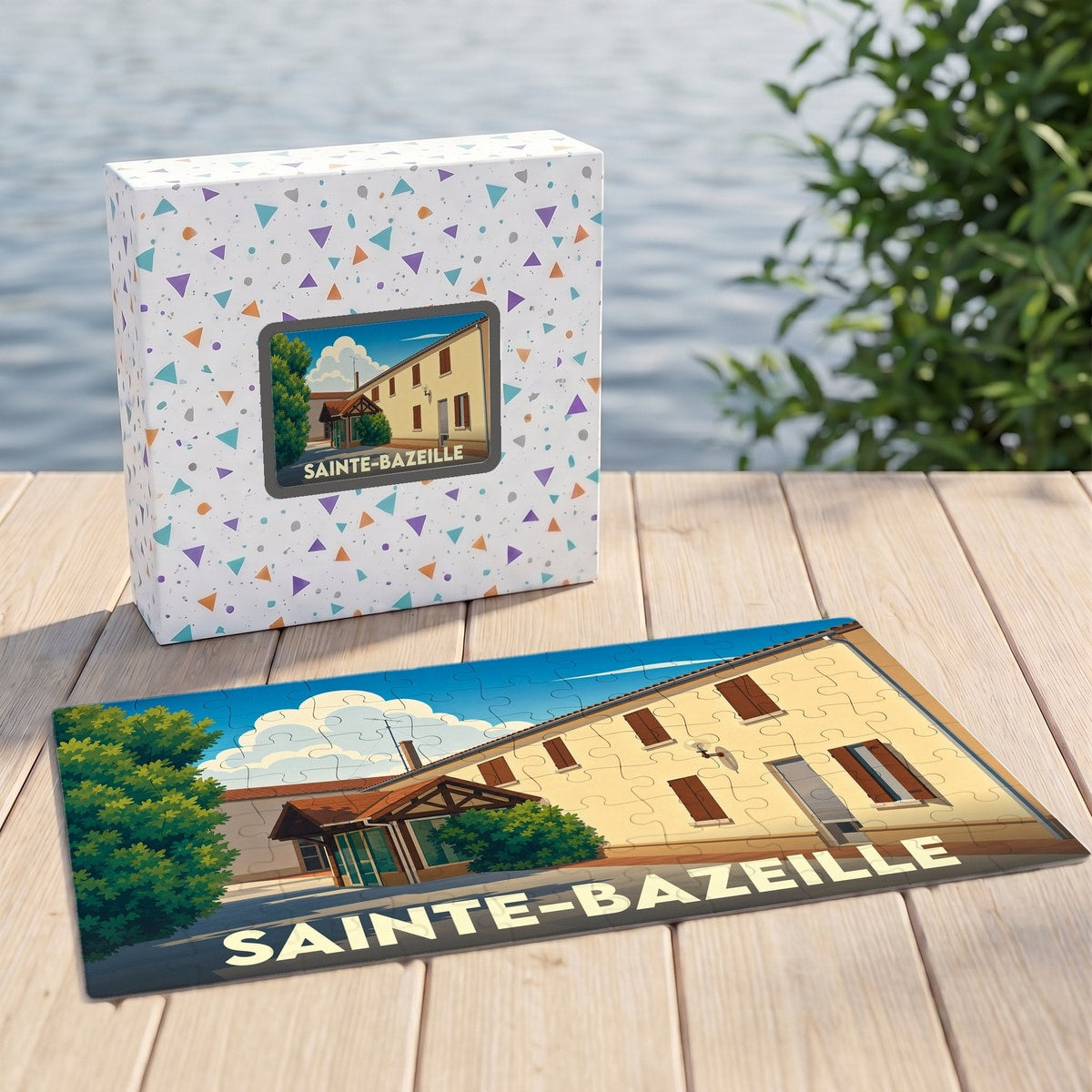 Puzzle souvenir de la ville de Sainte-Bazeille avec une illustration stylisée d'un bâtiment local.