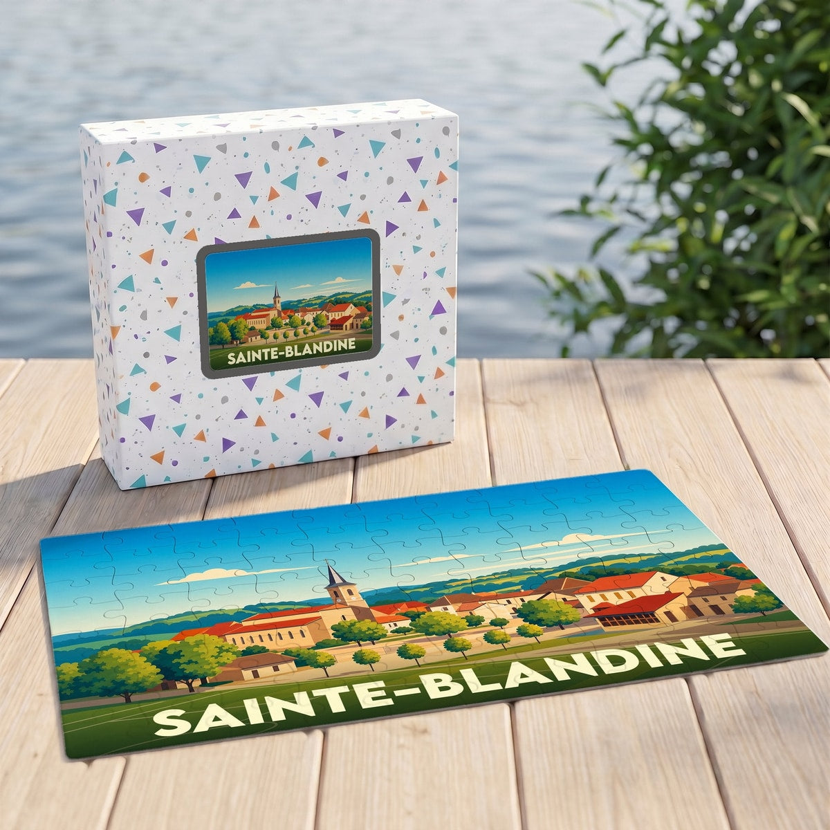 Puzzle souvenir de la ville de Sainte-Blandine avec une illustration stylisée d'un paysage urbain.