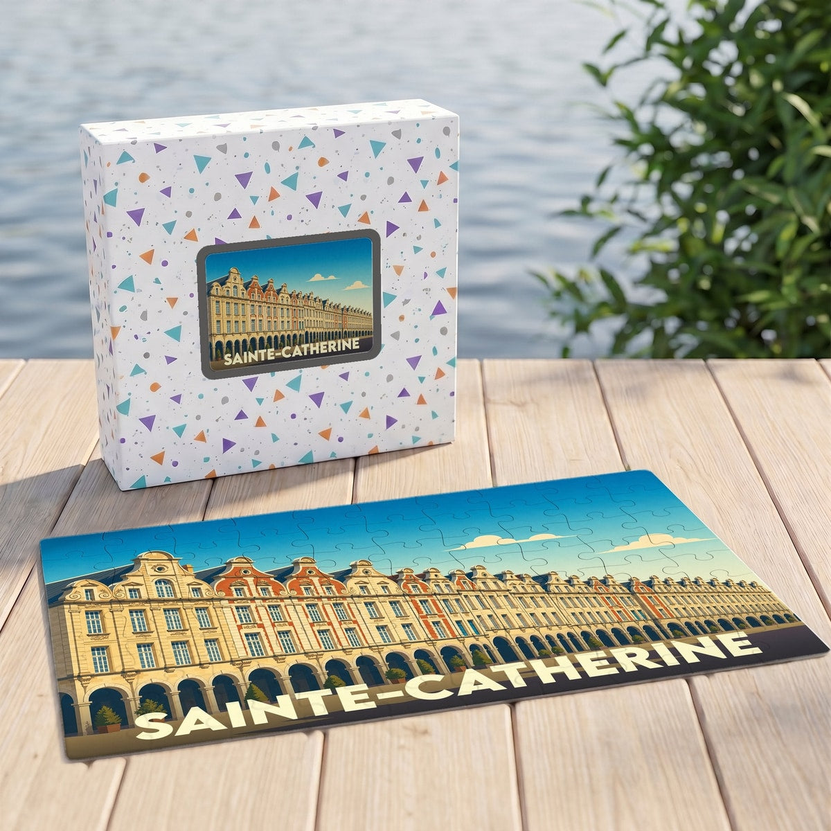 Puzzle souvenir de la ville de Sainte-Catherine avec une illustration stylisée de ses façades colorées.